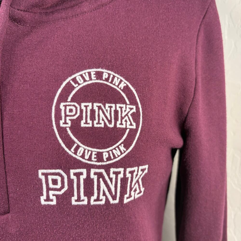 Y2K Vintage Victoria’s Secret PINK Hoodie Burgundy Quarter Zip Pullover M Logo - Picture 3 of 10